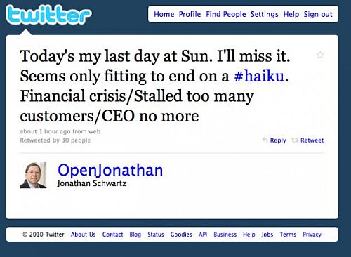 Jonathan Schwartz, Sun, Quits on Twitter