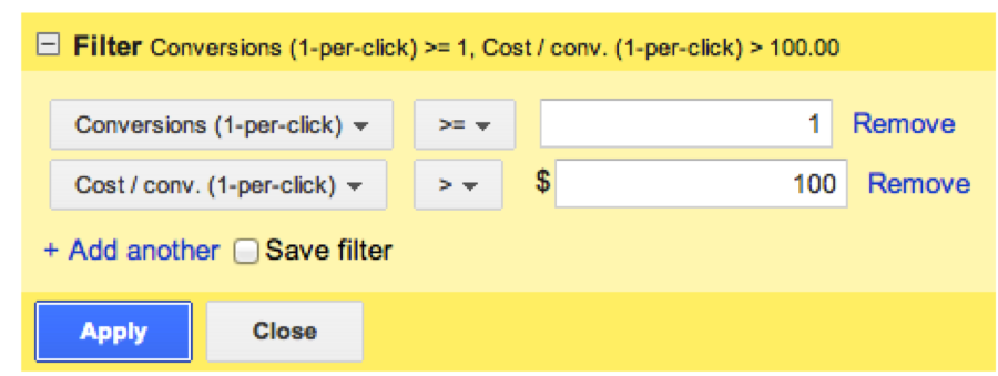 AdWords filter showing conversions greater than 1 and cost/conv greater than $100