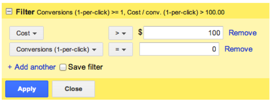 AdWords filter showing cost greater than $100 and conversions equal 0